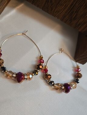 Gold Hoop Earrings with Purple and Pink Faceted Beads